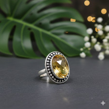 Natural Golden Rutilated Quartz Ring Size 7.5 Handmade 925 Sterling Silver Ethni