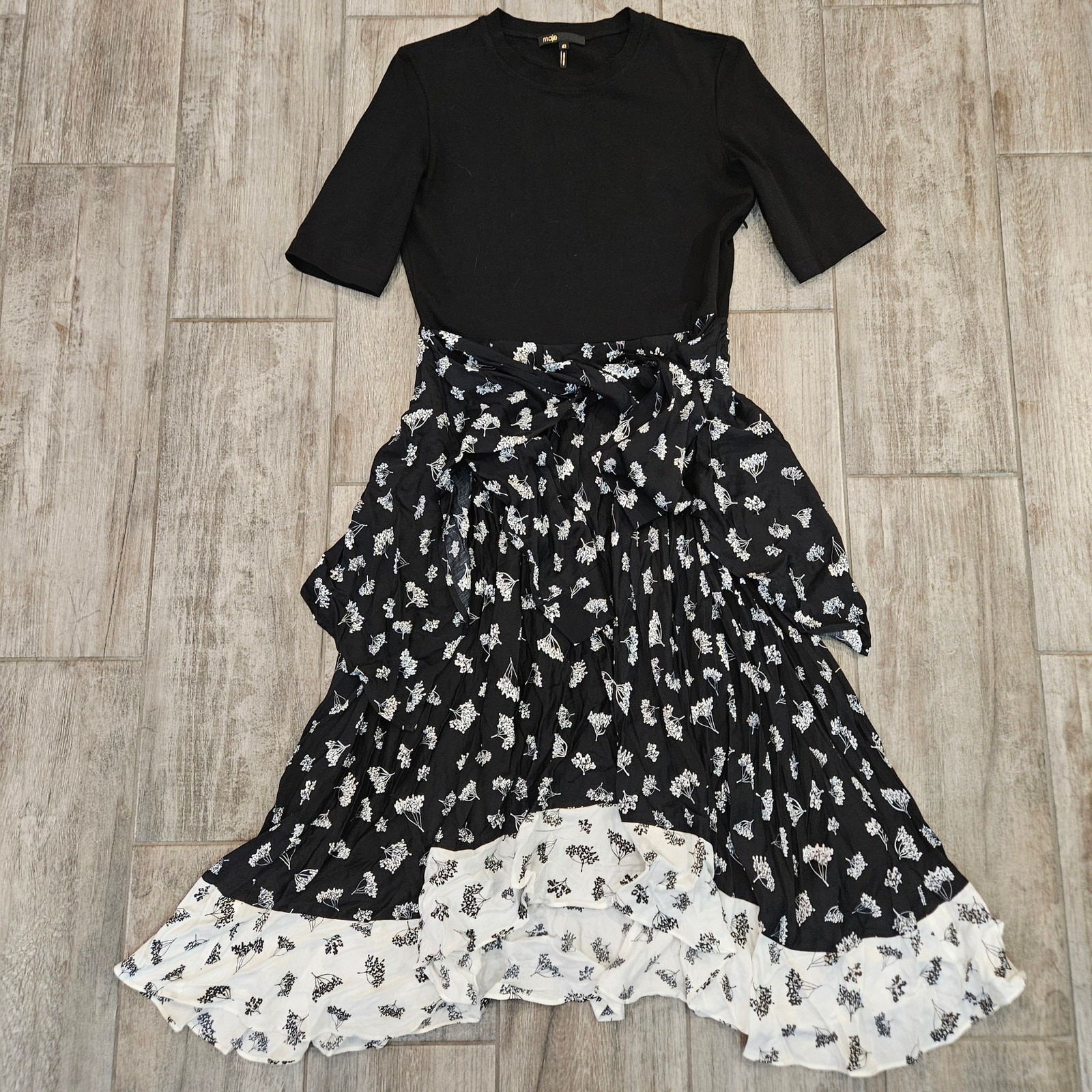 MAJE Paris Raprina Mixed Material Midi Dress Womens Size 42 US 10 Black Floral