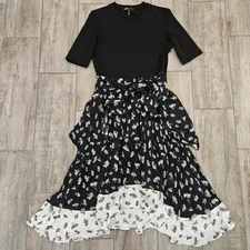 MAJE Paris Raprina Mixed Material Midi Dress Womens Size 42 US 10 Black Floral