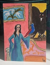 Aceo Original Art Painting Woman Birds Dog Girl Room Portrait OOAK ATC Mini 