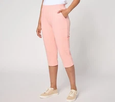 Denim & Co. Women's Pants Sz M Active French Terry Cargo Capri Pink A275283