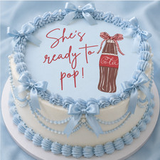 She's Ready To Pop *Blue* edible wafer paper round cake image, Choose size