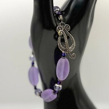 Vintage Purple Glass Crystal Beaded Bracelet Leaf Charm Boho Chic Jewelry 7.75''