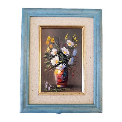 Vintage Gamblin Floral Oil Painting Impasto Daisies 4x6 Mid-Century Blue Frame