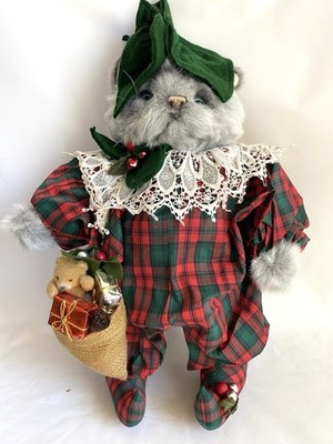 Vintage CHRISTMAS 18  Plush Grey CAT Flower ELF w/Bag | Jointed Cat In Plaid