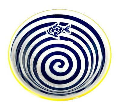 Global Design Connections Blue White Fish Bull Ceramic Spiral Nautica Yellow Rim