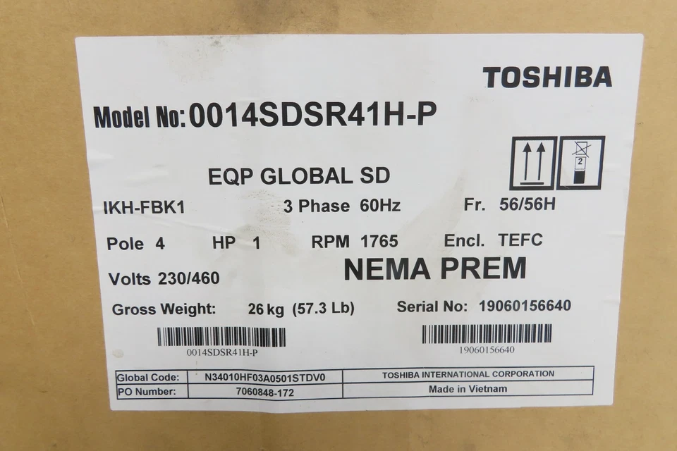 Toshiba EQP Global AC Motor 1Hp 1765 RPM 230/460V 3PH 56 Frame 0014SDSR41H-P - Image 4 of 4