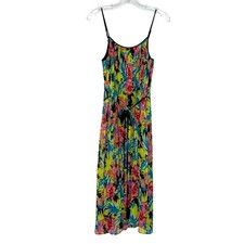 LOFT bright floral pleated strappy dress women's Small lined waist tie