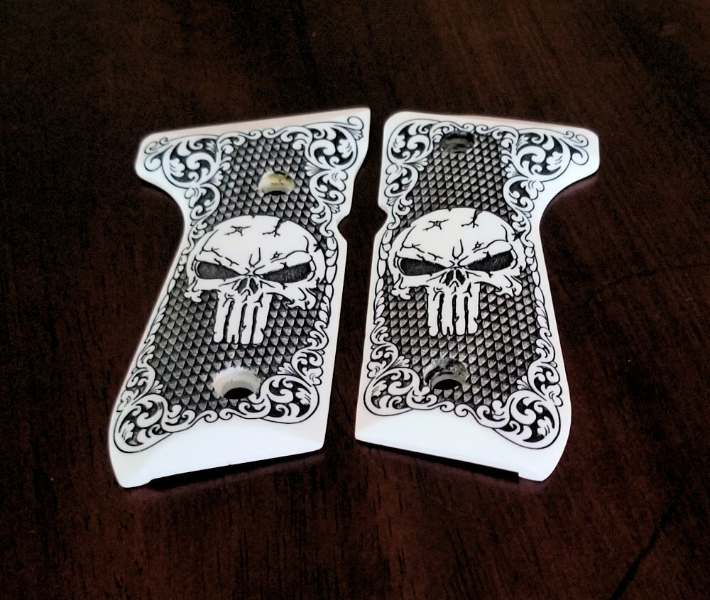 Beretta 92 92FS 96 custom imitation ivory grips scrimshaw Skull