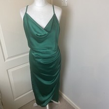 BNWOT SHEIN Size XL Green Satin Cowl Neck Midi Dress Ruched Slit Slinky Sexy