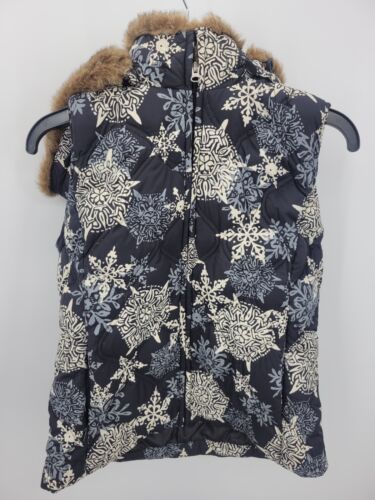 Eddie Bauer Down Vest Womens Small Black Snowflake Print Zip Up Hooded Faux Fur