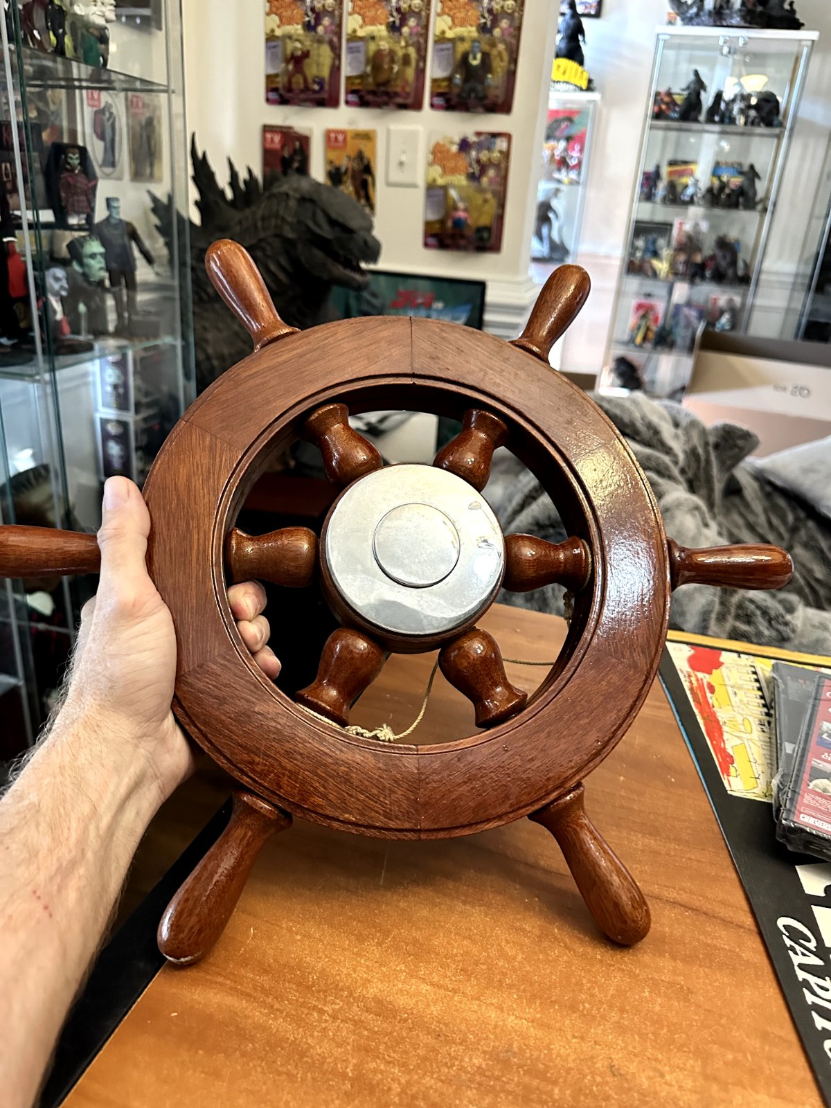 18-Inch Wooden Ship Wheel with Brass Center – Nautical Decor for Home or Boat  