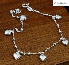 Women Girl 925 Sterling Silver Dangle Heart Love Anklet / Hand Bracelet 8-9"