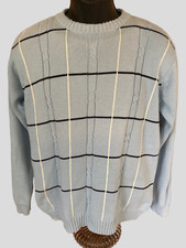 Bill Blass Men's Large Cable Knit Sweater Light Blue with Black White Stripes