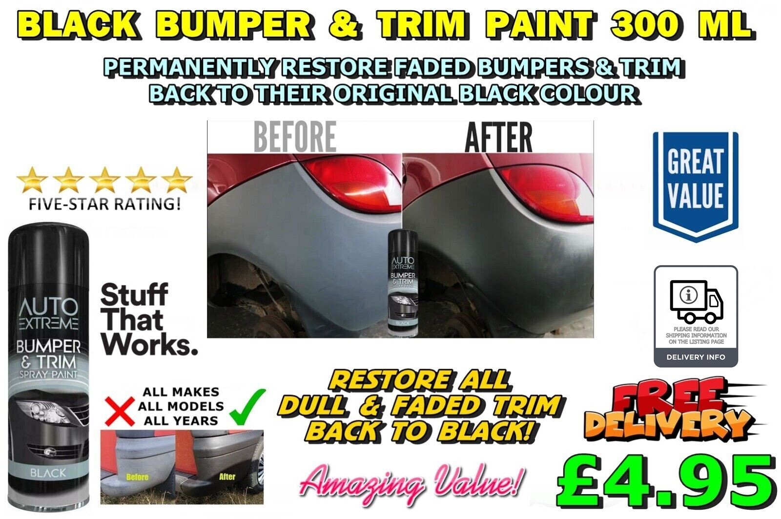 BLACK PLASTIC BUMPER TRIM PAINT RESTORER PERMANENTLY RESTORE FADED