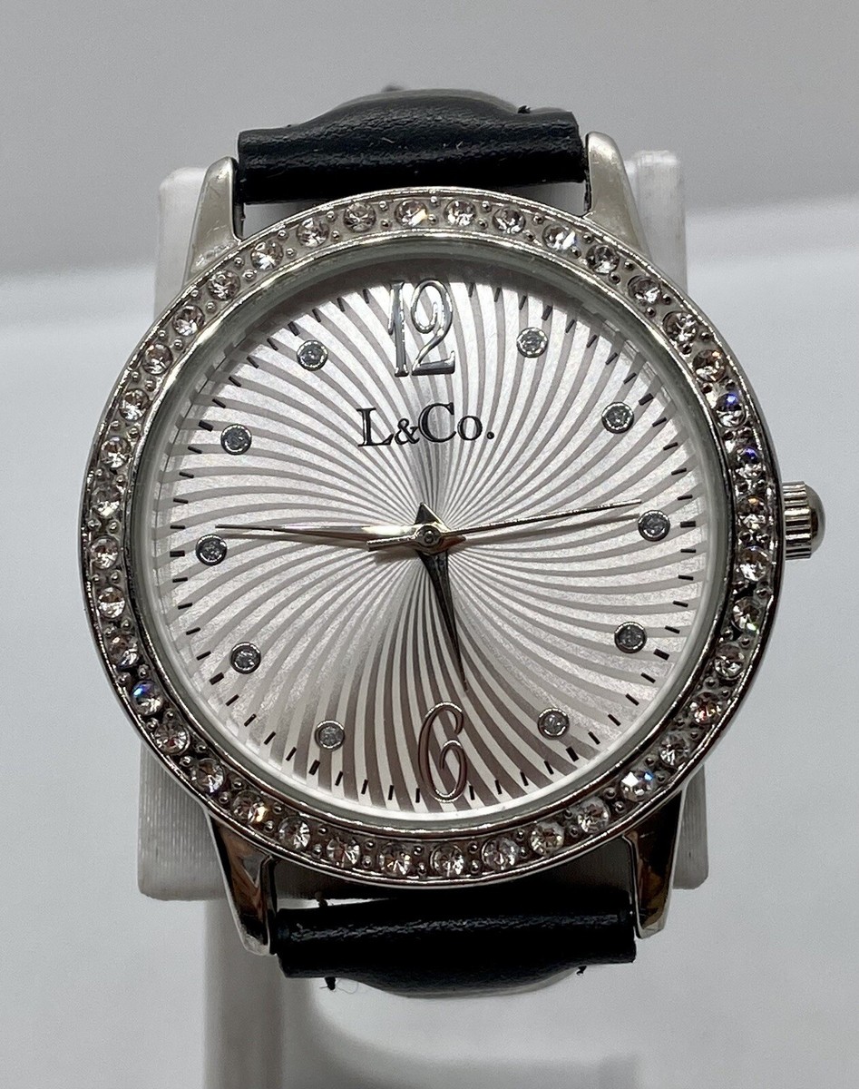 New Ladies Watch Silver Large Iced Dial Black Strap