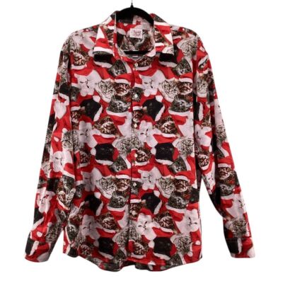 Happy Store Christmas Cat Print Top Size Large Button Down Shirt Holiday Santa