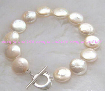 Genuine 11-13mm Natural White Coin Freshwater Pearl Bracelet Bangle 8'' AA