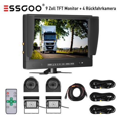 4x Rückfahrkamera Wasserfest+ 9 Zoll Auto 4CH Split Monitor Rückfahrsystem LKW