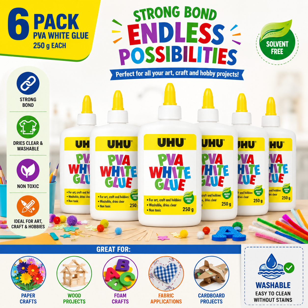 UHU PVA White Glue 6 Pack 250g Each Strong Craft School Hobby Washable