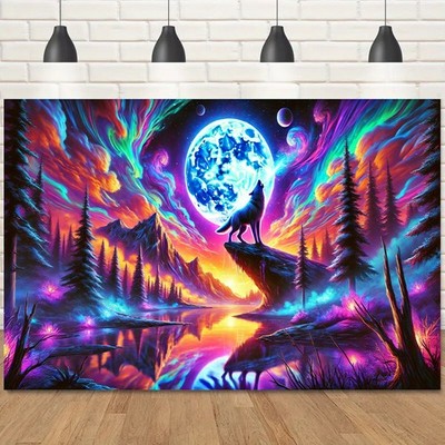 8ft x 6ft Neon Wolf Howling at Moon Tapestry - Vibrant Cosmic Night Sky Design w