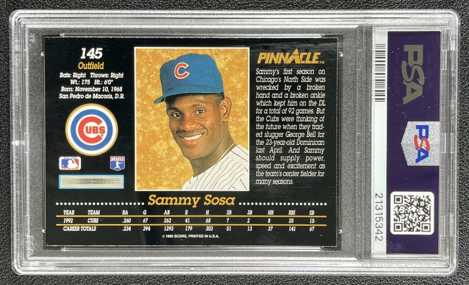 POP 3! SAMMY SOSA PSA 10 1993 PINNACLE #145 CUBS 5342 view 2