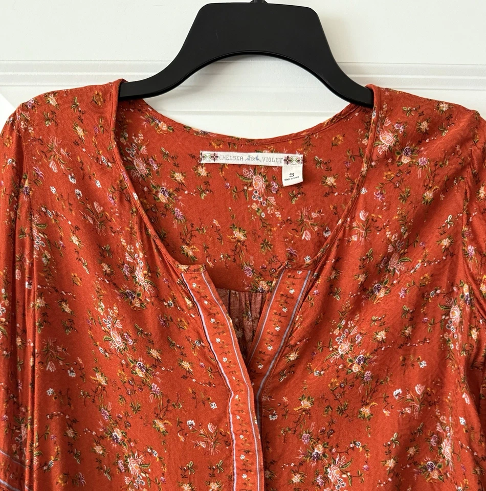 Top BOHO Chelsea & Violeta Para Mujer Talla S Naranja Floral Campana Manga Corbata Cuello en V Foto 2 de 4