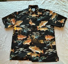 Guy Harvey Aftco Hawaiian Camp Shirt L Fisherman RedFish Crab Shrimp on Black