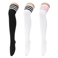 3 Pairs Thigh High Socks for Women Over the Knee High Socks Triple Stripe Lon...