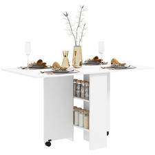 Drop Leaf Dining Table Kitchen Breakfast Bar Folding Wheel Storage Shelves White