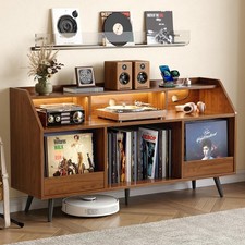 55in Vinyl Record Stand LED Light  Charging Station 2 Drawers 500 Albums Walnut