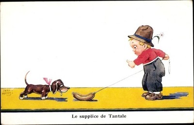 Artist Postcard Wills, John, The Torture of Tantalus, Dachshund, Sausage on... - 4035902
