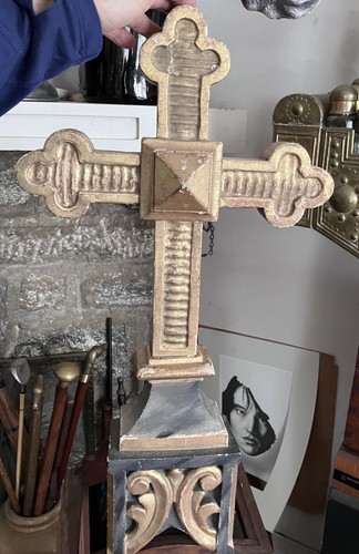 Antique Alsatian French Wood and Gilt Plaster Crucifix Cross 20” Tall Lovely!