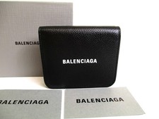 Auth BALENCIAGA Black Leather Bifold Wallet Compact Wallet b120