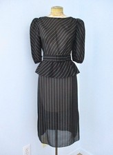 Vtg 70s 80s Black Pinstripe Semi Sheer 2-Pc Secretary Skirt Peplum Top Suit 5