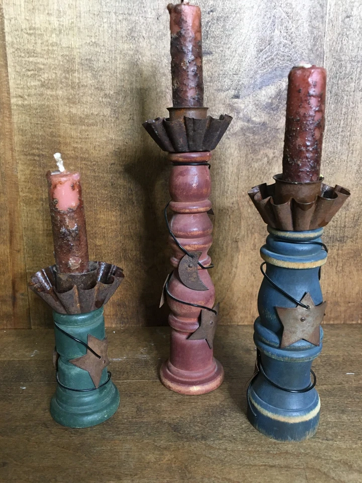 Primitive Candle Holders Set Of 3 Rustic Folk Art Wood Metal Tin Stars & Moon  - Image 2 of 4
