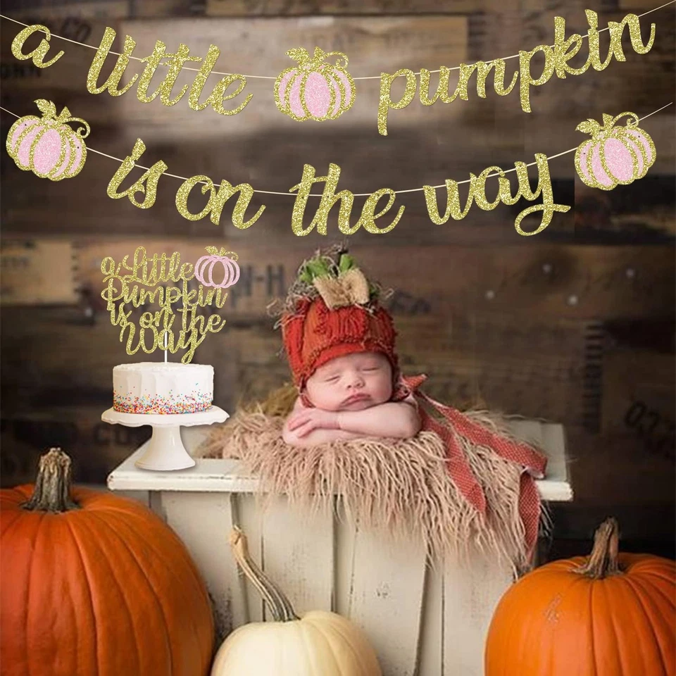 Estandarte y adorno de pastel de calabaza dorado brillante, decoraciones de baby shower para niñas Foto 2 de 4