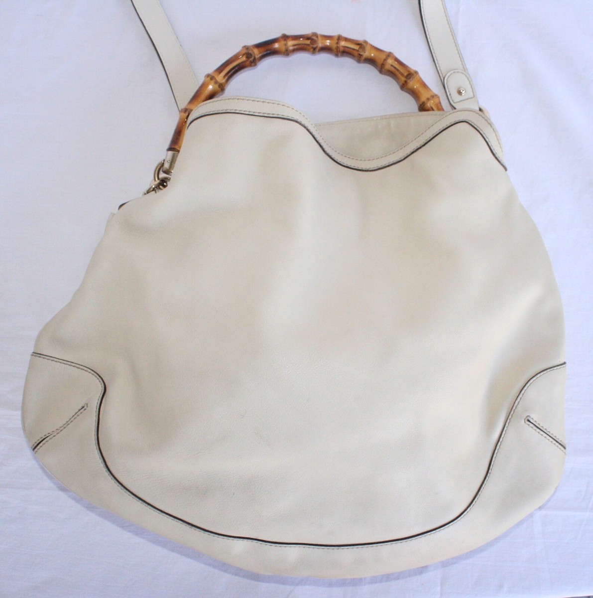 Genuine Large GUCCI Off White Leather Bamboo Handle Tote Hobo Bag