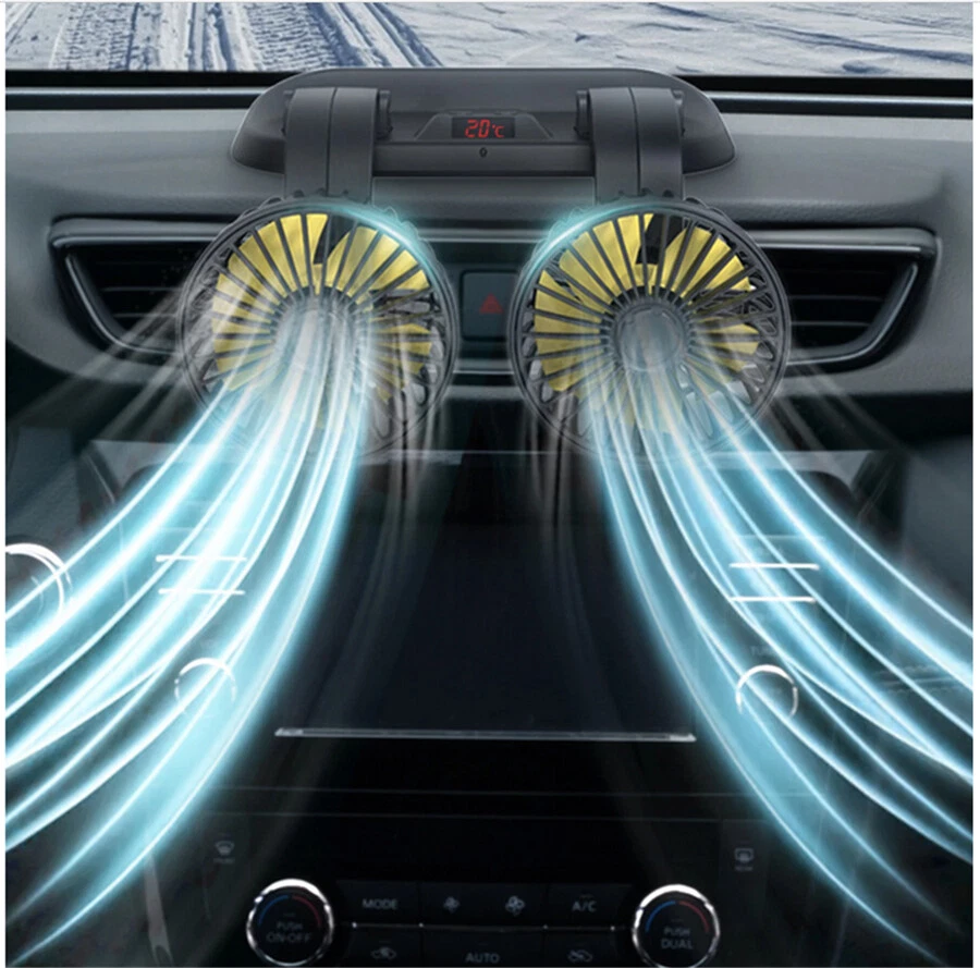 Ventilador de doble cabezal portátil giratorio 360° para automóvil Ventilador de aire 3 velocidades de viento Foto 3 de 4