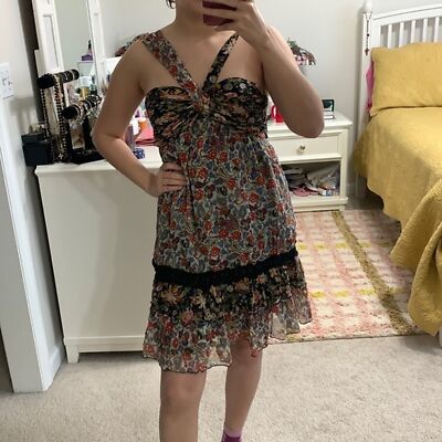 100% Silk Mini Dress S Vintage Y2K 2000s Floral Ruffle Ruched Print Halter  Color