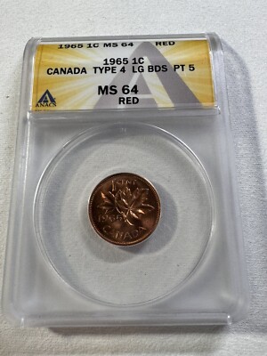 1965 Canada 1 Cent Type 4 Large Beads Pointed 5 Graded MS 64 RD by