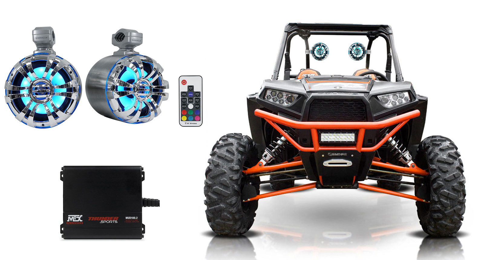 2 поворотных светодиодных башенных динамика Rockville WB65KLED 65 мощностью 600 Вт Усилитель MTX для RZRATVUTV