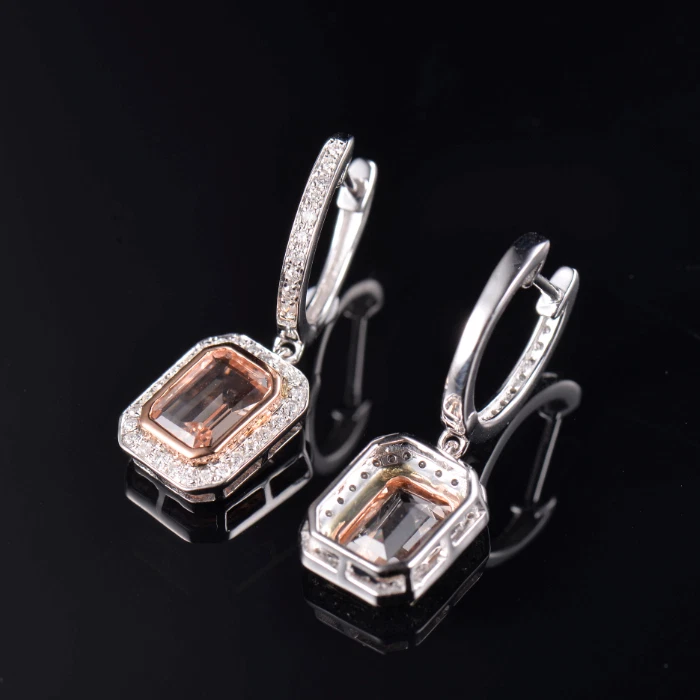Solid 14K Gold Natural Diamond Pink Morganite Leverback Earrings - Image 2 of 4