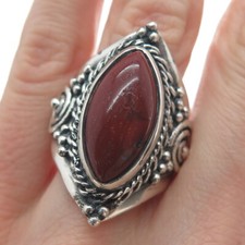 925 Sterling Silver Vintage Real Red Jasper Spiral Beaded Oxidized Ring Size 10