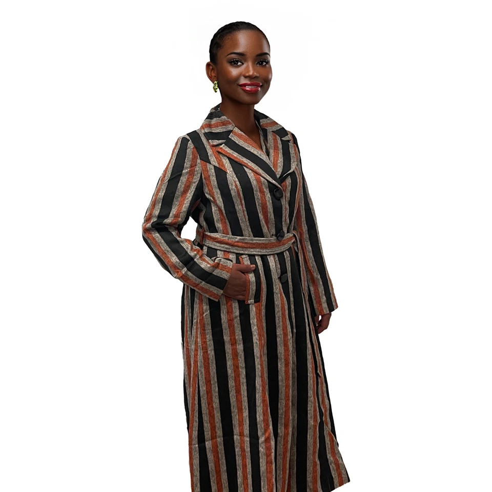 Ashro Women's Striped Belted Long Coat - Size L - Elegant & Stylish dress coat - Image 2 of 4