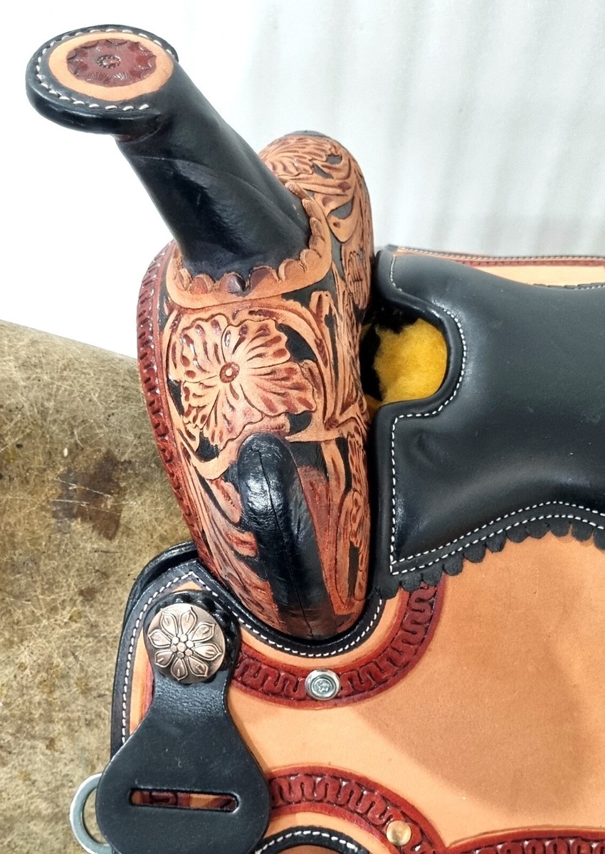 Selle De Cheval Western Barrel Racing En Cuir Floral Avec Têtière, Poitrail Et Rênes