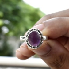 Solid 925 Sterling Real Silver Amethyst Natural Gemstone Oval Shape Ring