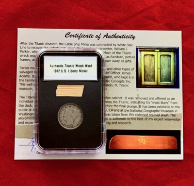 Authentic RMS Titanic Wreck Wood Relic & 1912 Liberty Nickel