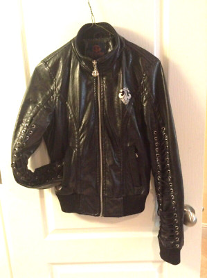 SEXY DEREON WOMEN fleur de lis BLACK faux leather bling gorgeous JACKET coat   S
