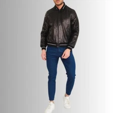 Men’s Black Python-Embossed Leather Bomber Jacket – Stylish & Trendy Outerwear
